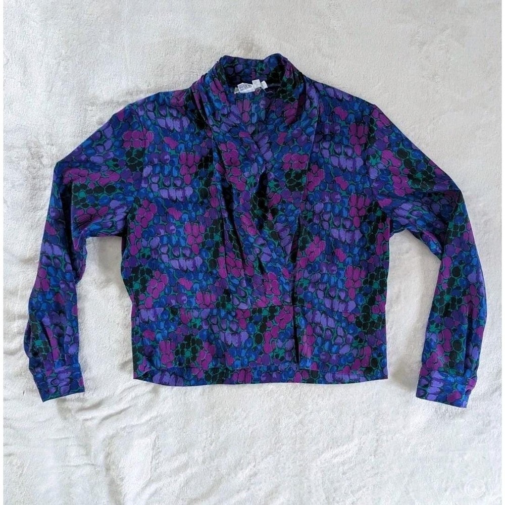 Vtg 90s Petite Notations Blouse Purple Blue Abstract Print Sz 8 Colorful Office